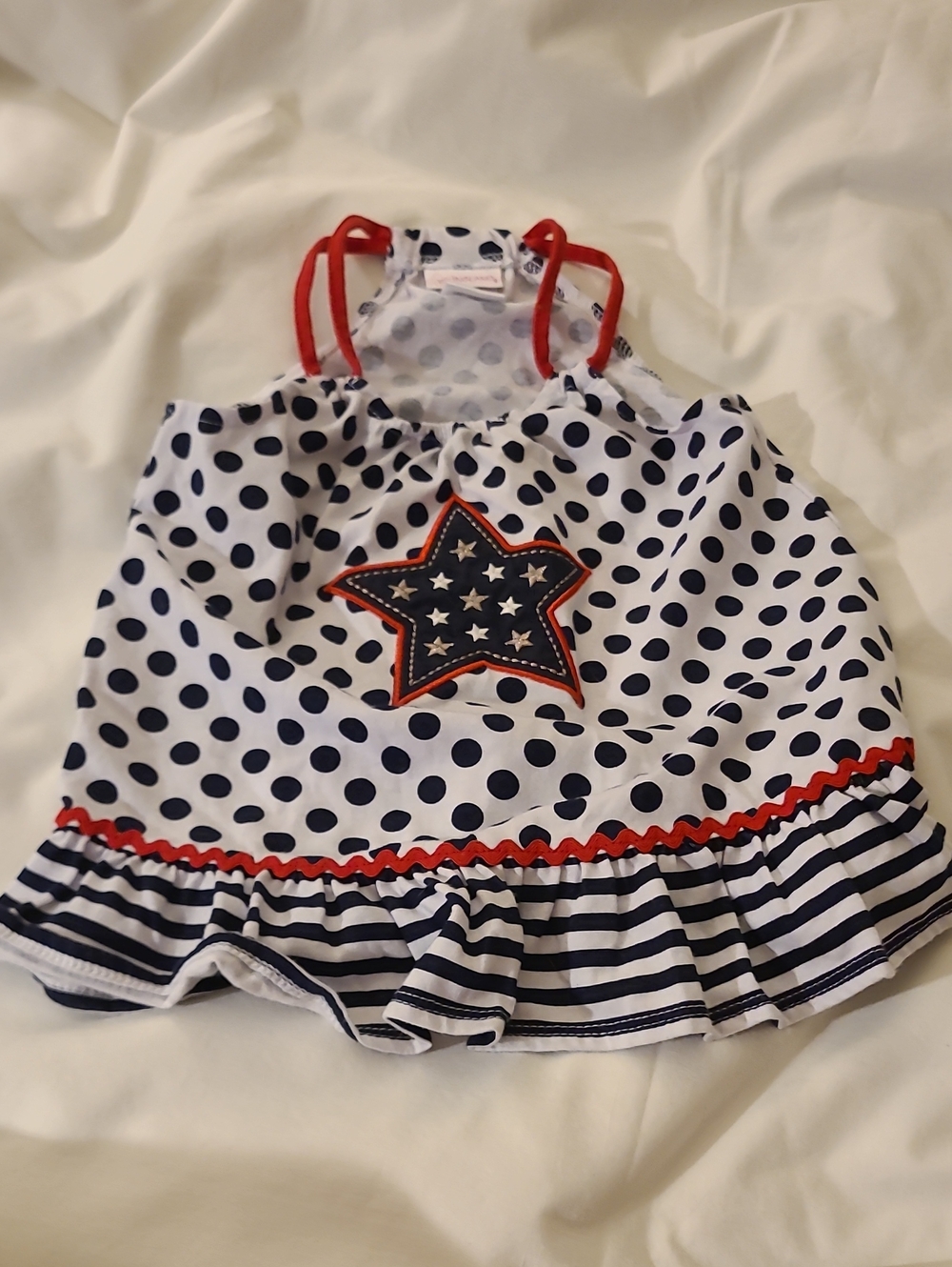 Girls' Navy & White Polka Dot Star Tank Top with Red Trim